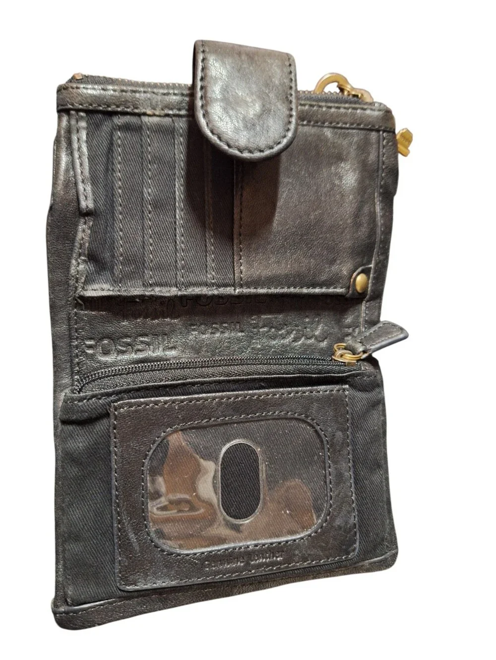 Fossil Black Smooth Leather Double Zip Coin Pouch Wallet Vintage Key Pulls Soft